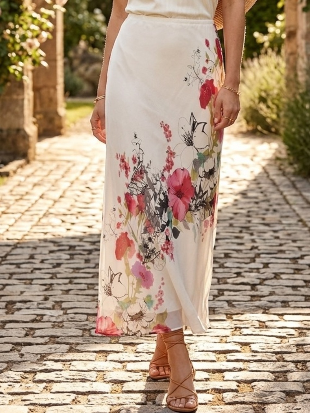 Y2K Adrianna Papell Silk A Line Off-White Midi Skirt with Floral Accents Size 10